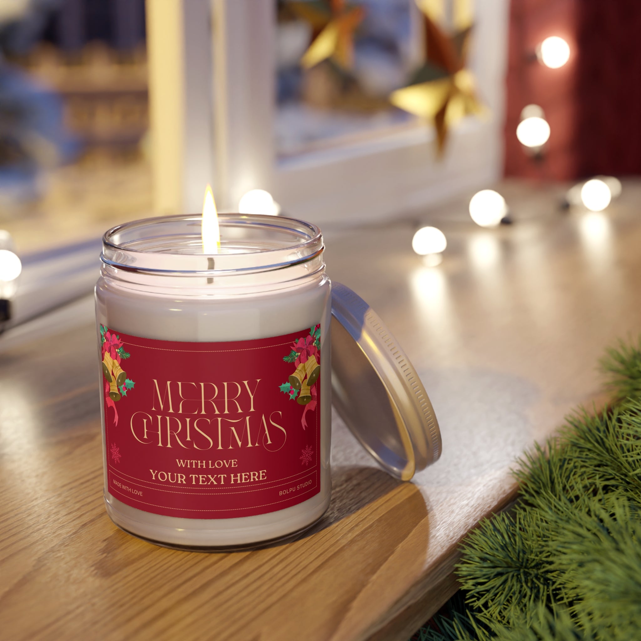 Christmas Scented Soy Candle 9oz — "Merry Christmas" Personalized Red Jar.