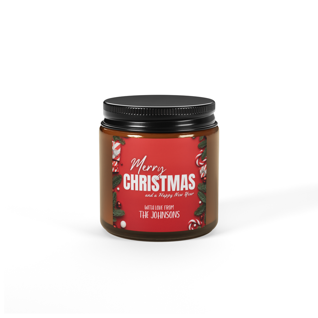 Merry Christmas Scented Soy Candle — Amber Jar 4oz (Personalization available)