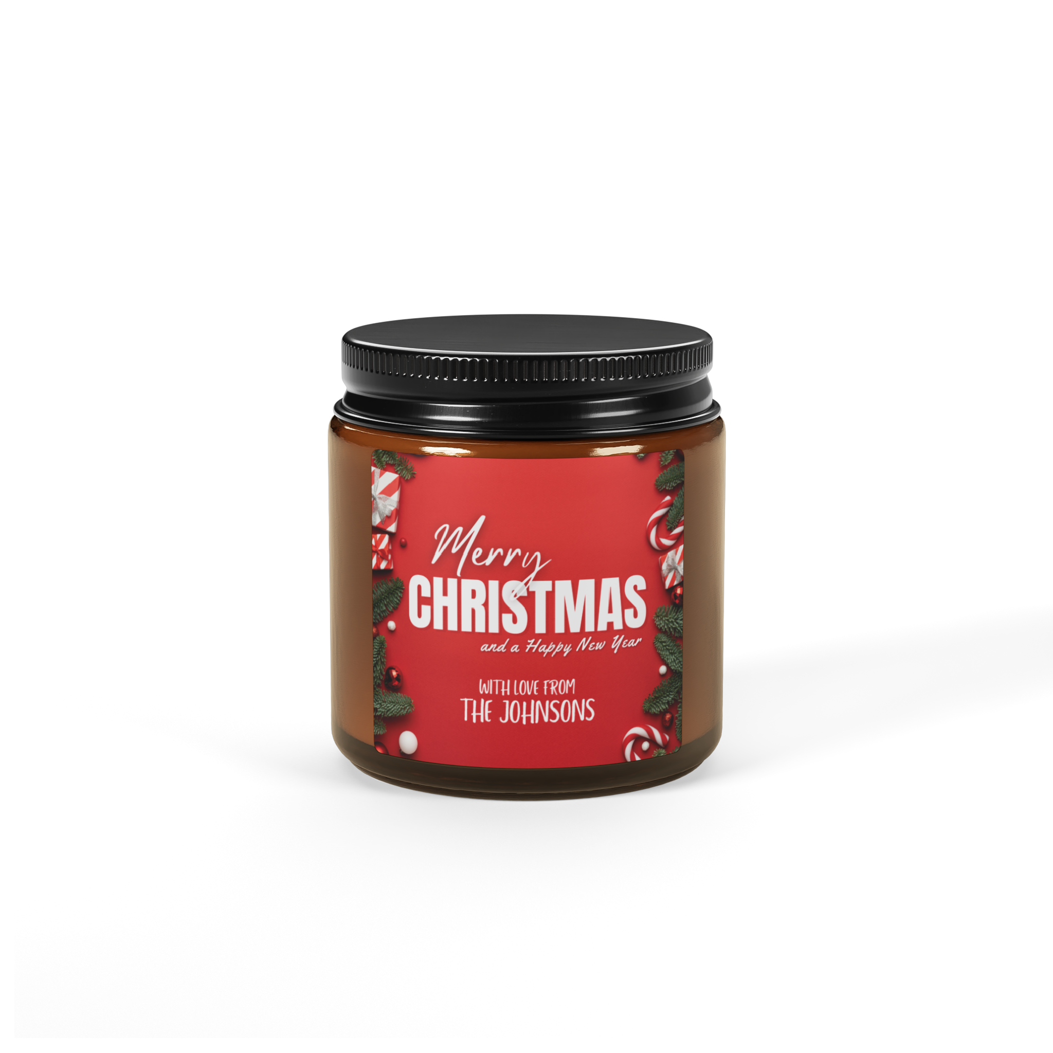 Merry Christmas Scented Soy Candle — Amber Jar 4oz (Personalization available)