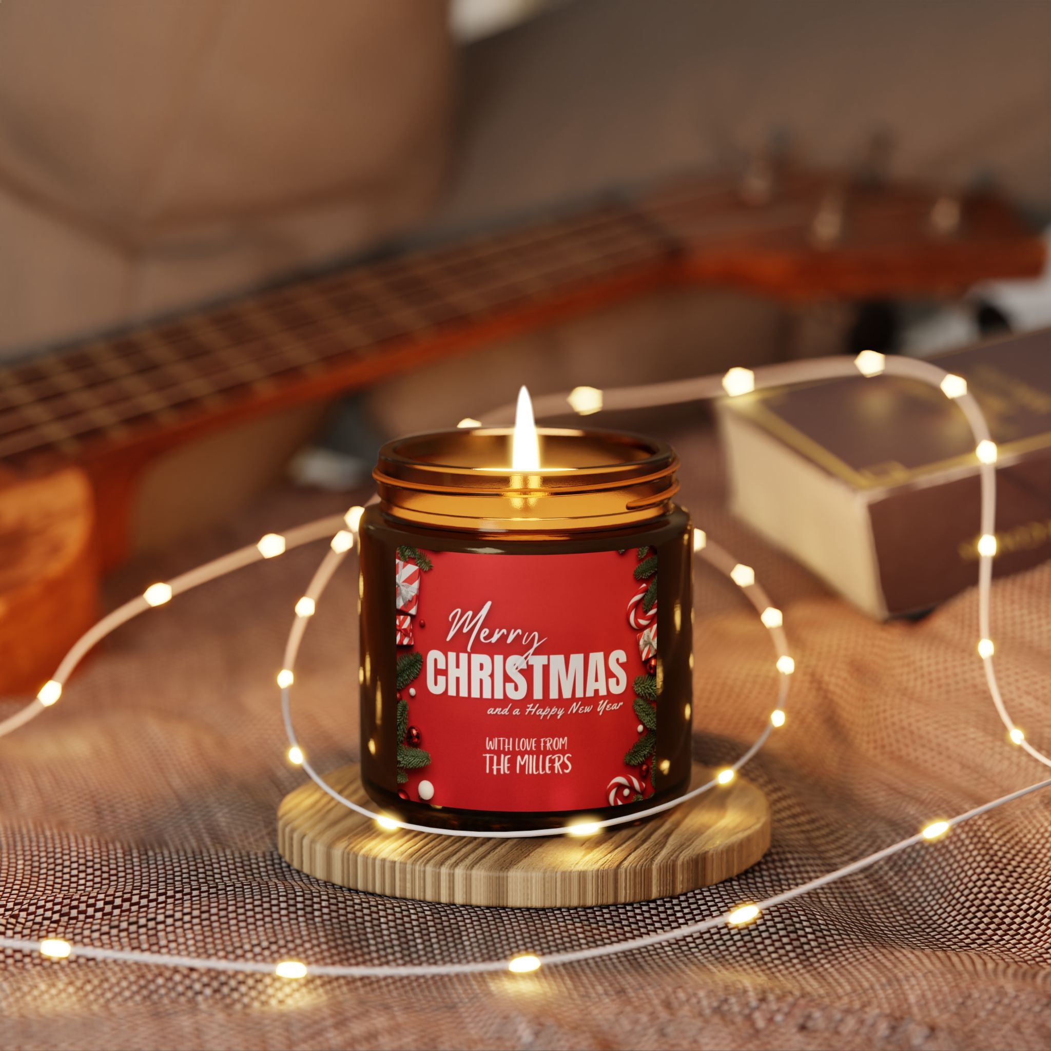 Merry Christmas Scented Soy Candle — Amber Jar 9oz (Personalization available)