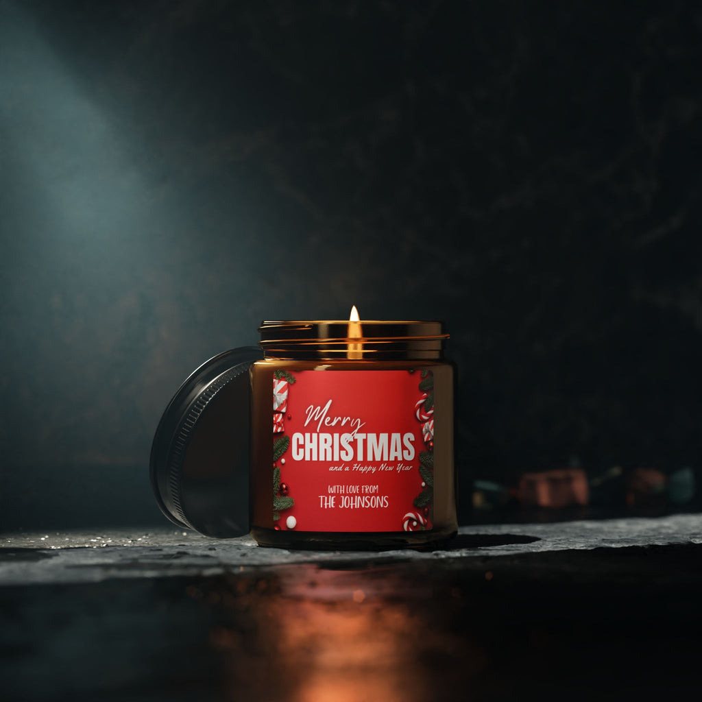 Merry Christmas Scented Soy Candle — Amber Jar 9oz (Personalization available)