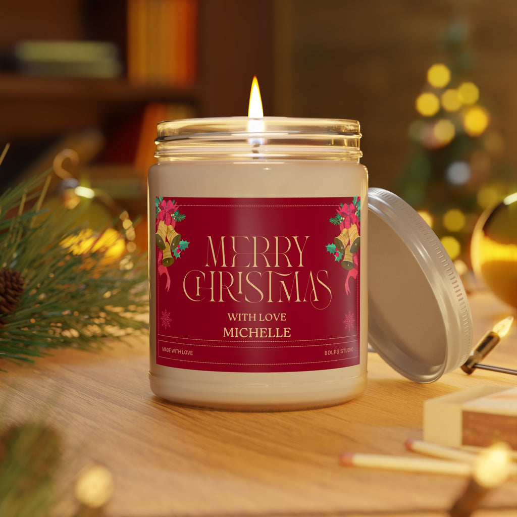 Christmas Scented Soy Candle 9oz — "Merry Christmas" Personalized Red Jar.