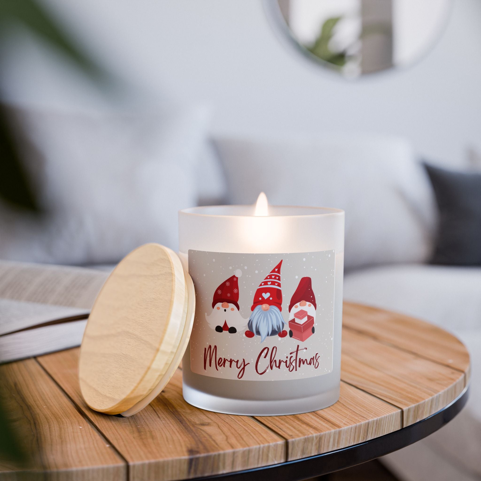 Christmas Gnome Frosted Glass Candle – 11oz “Merry Christmas” Holiday Scented Candle