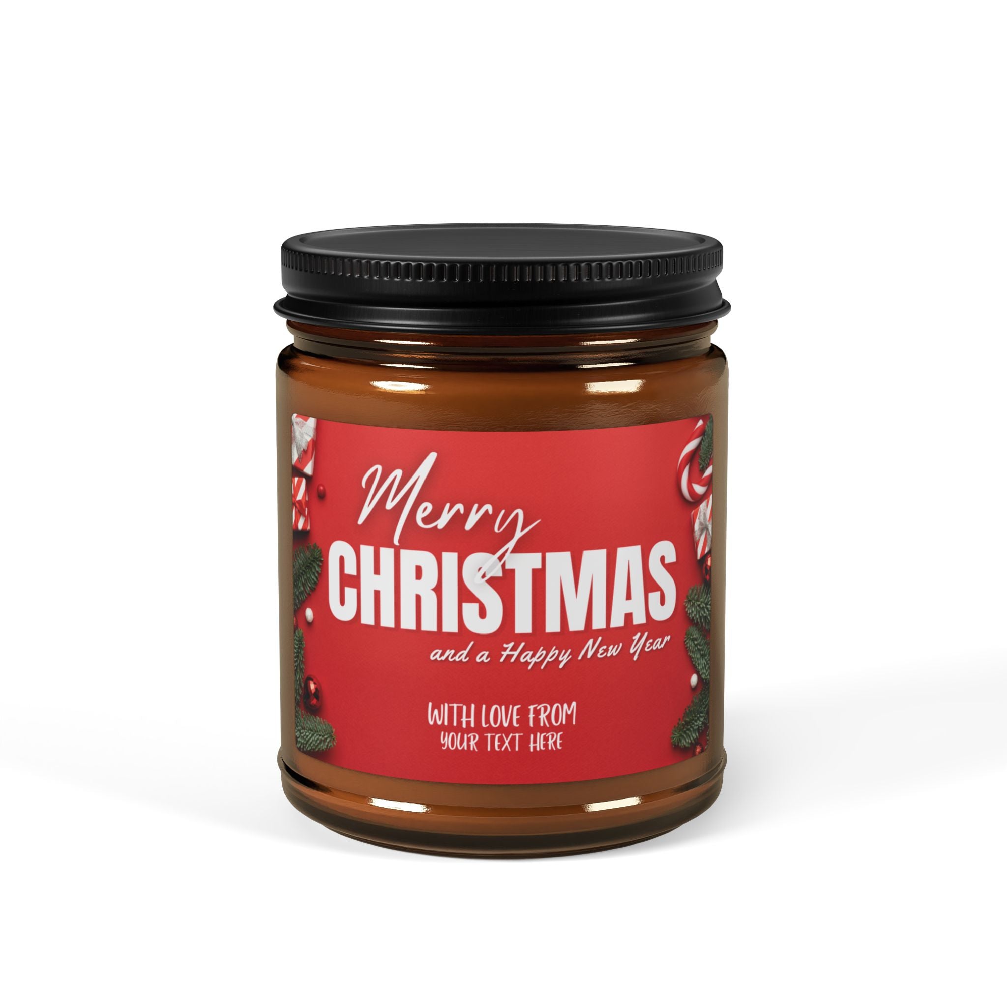 Merry Christmas Scented Soy Candle — Amber Jar 9oz (Personalization available)