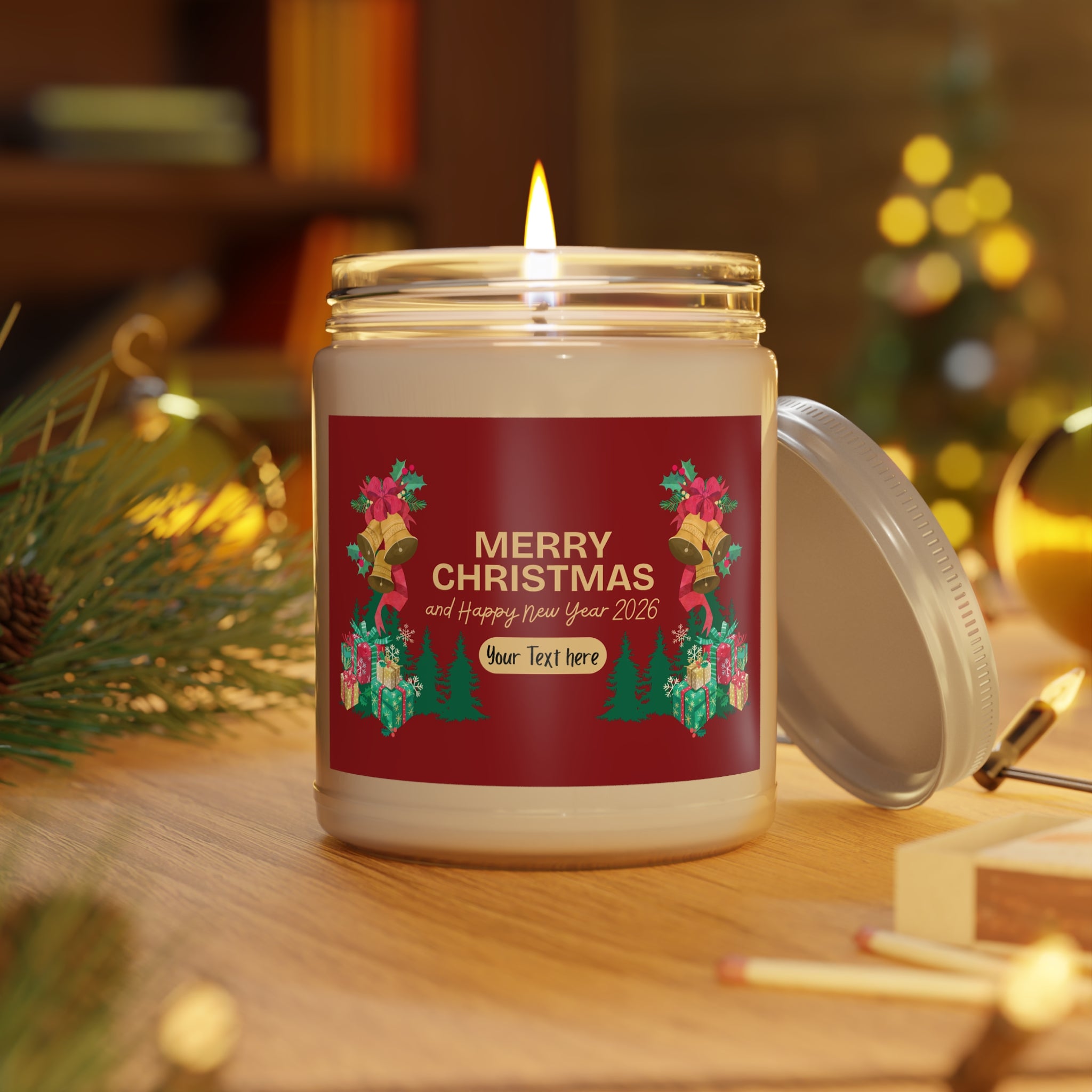 Christmas Soy Candle 9oz — Merry Christmas and Happy New Year 2026 Scented Jar (Custom Text)