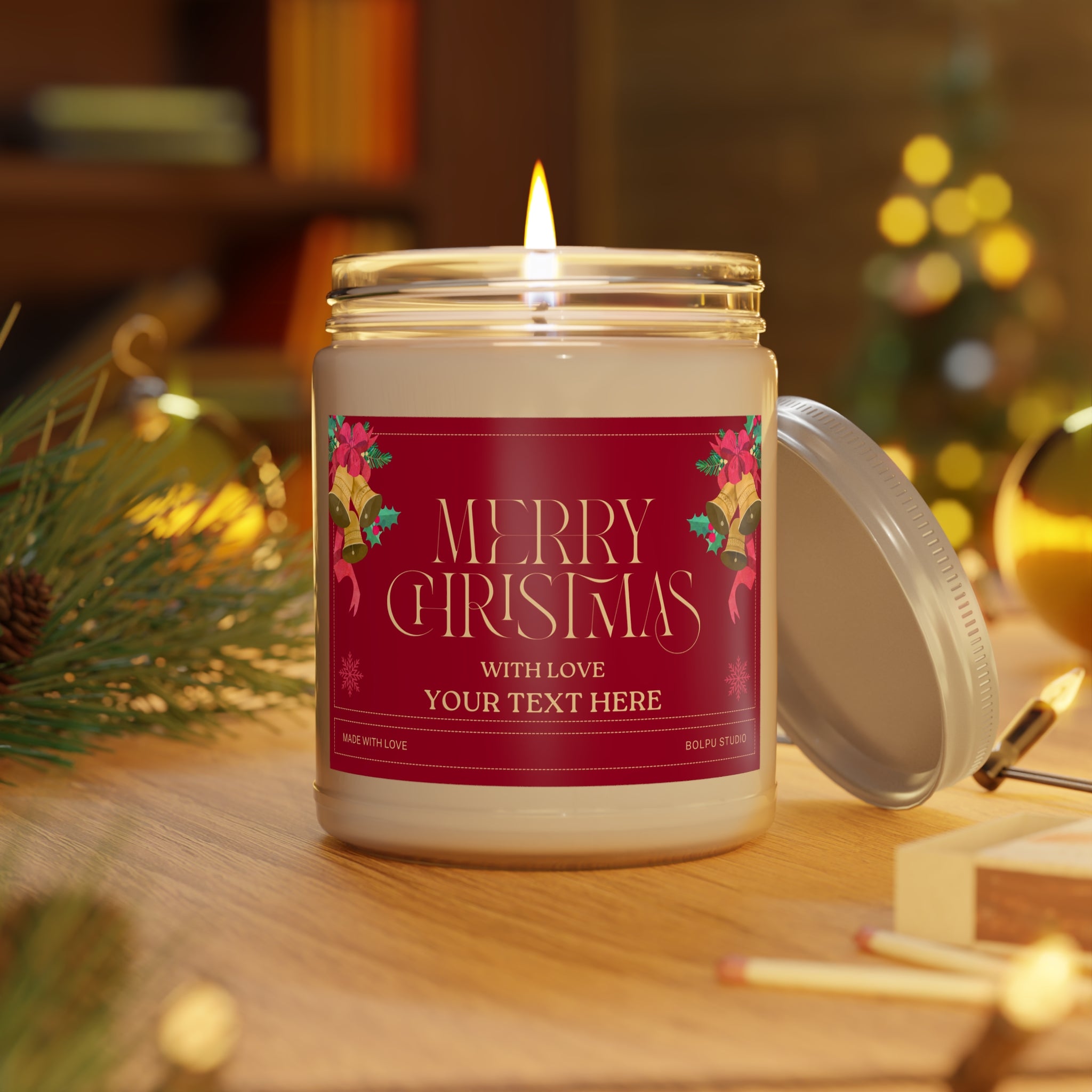 Christmas Scented Soy Candle 9oz — "Merry Christmas" Personalized Red Jar.