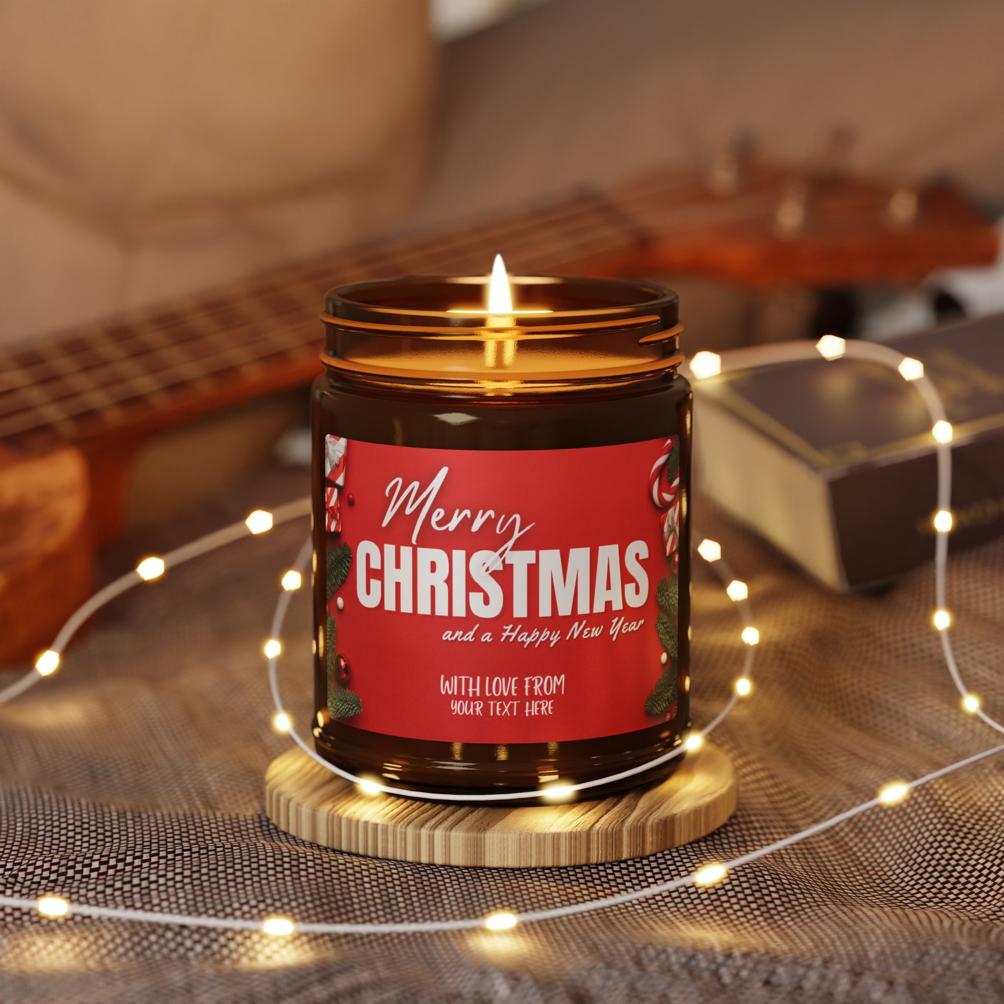 Merry Christmas Scented Soy Candle — Amber Jar 9oz (Personalization available)